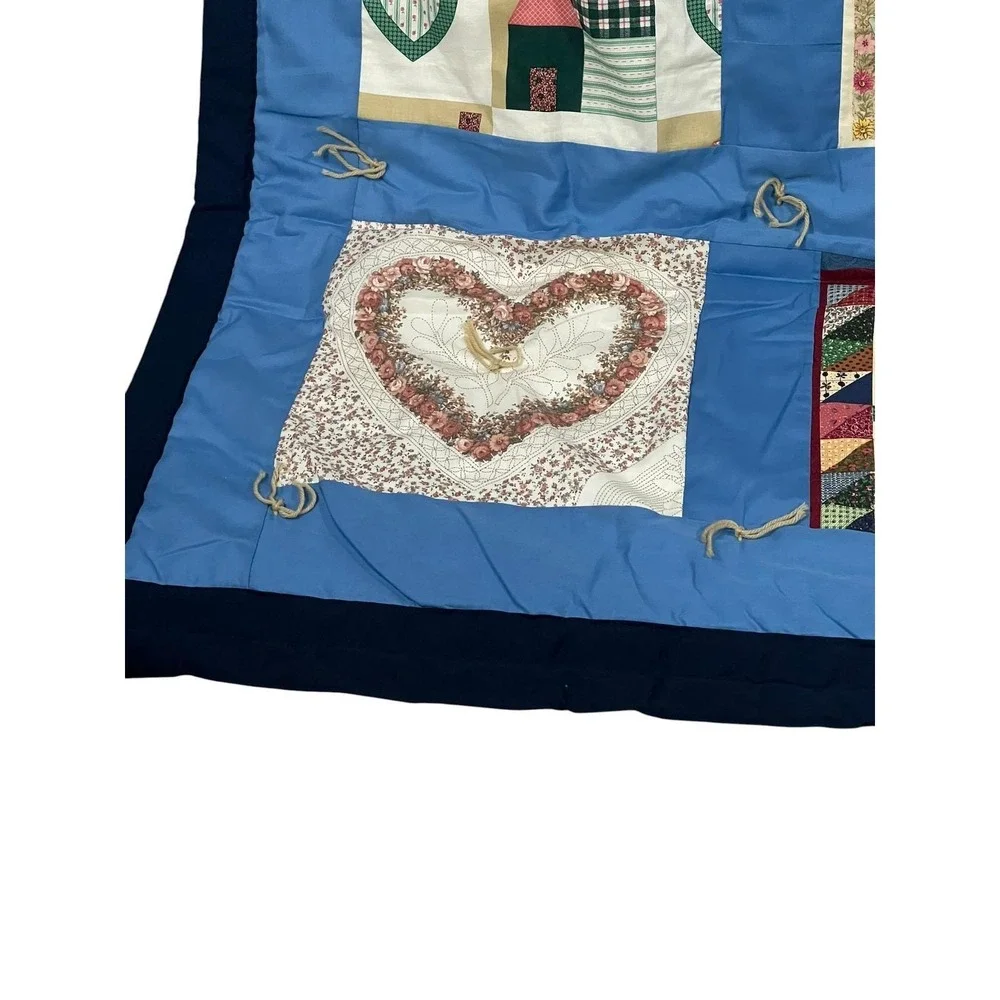 Vintage Patchwork Quilt Twin Blue‎ Hearts Floral Cottage Handmade 62x88